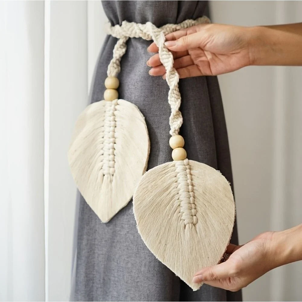 NEW Bohemian Woven Curtain Tiebacks Leaf NWOT